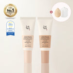 Two tubes of Zonin Beauty of Nature Tinted Mineral Dayscreen SPF 30 + Ceramides Saponin Foundation Bronzer in a beige shade, displayed on a light beige background with a gold 'Global No.1' award seal, a Sea Orga badge, and a circular inset showing the applicator sponge and spatula.