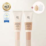 Two tubes of Zonin Beauty of Nature Tinted Mineral Dayscreen SPF 30 + Ceramides Saponin Foundation Bronzer in a beige shade, displayed on a light beige background with a gold 'Global No.1' award seal, a Sea Orga badge, and a circular inset showing the applicator sponge and spatula.