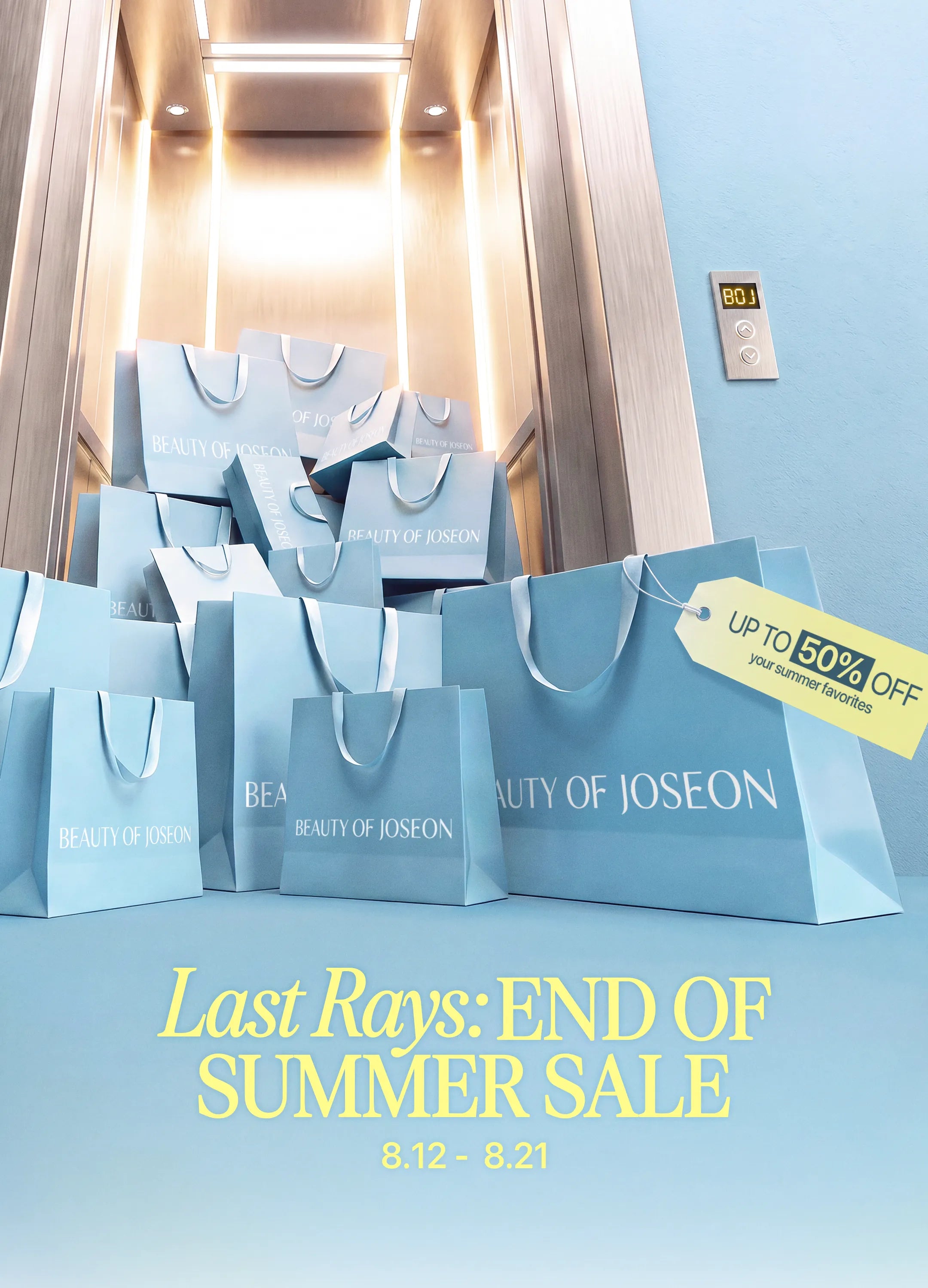 A promotional advertisement showing multiple light blue shopping bags printed with the brand name 'BEAUTY OF JOSEON' in an elevator setting. A yellow tag on one bag reads 'UP TO 60% OFF'.